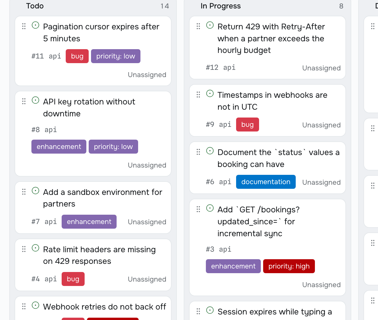 The Bellhop workspace’s issues in a board of three columns, Todo, In Progress and Done, each card carrying its issue number, repository and labels