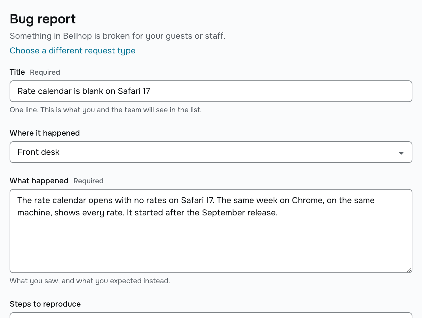 A portal’s Bug report form, part filled in by a customer: a title, where it happened, what happened
