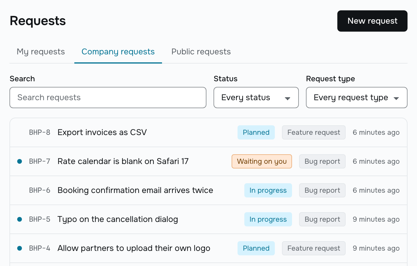 A portal’s request list for one company: five requests, each with its number, title, a status word such as Planned, Waiting on you or In progress, and its request type